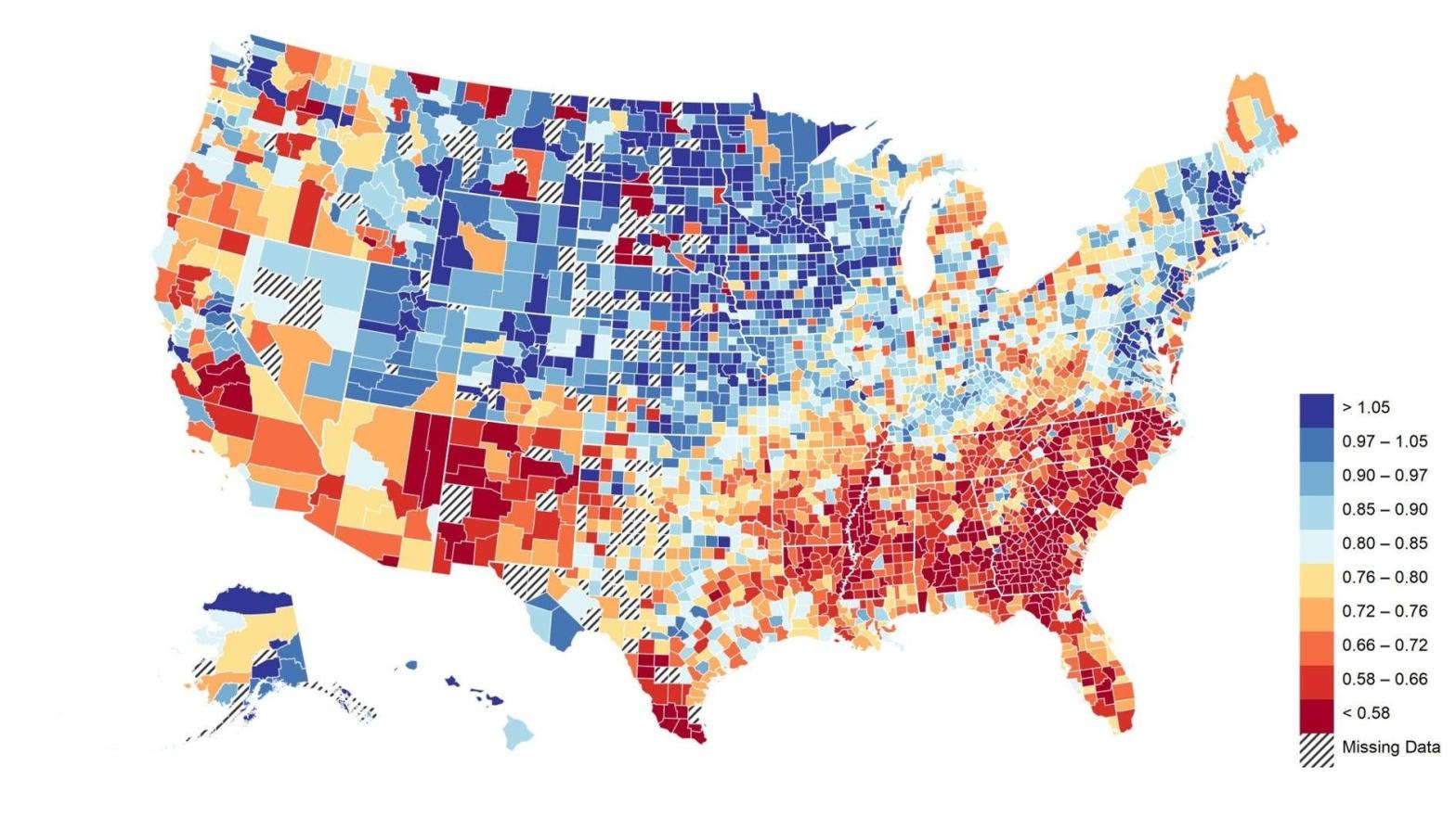 This map based on Facebook users' data shows zip codes where users are more and less likely to have friendships with users outside their economic class.  (Image: Meta)