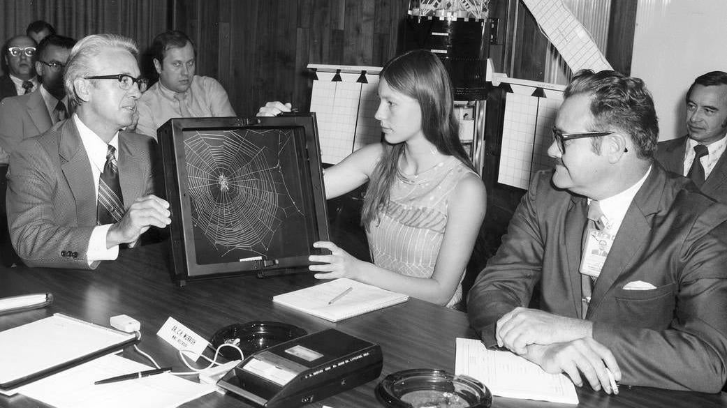 High school student Judith Miles proposing her Skylab spider web space experiment in 1972. (Photo: NASA)