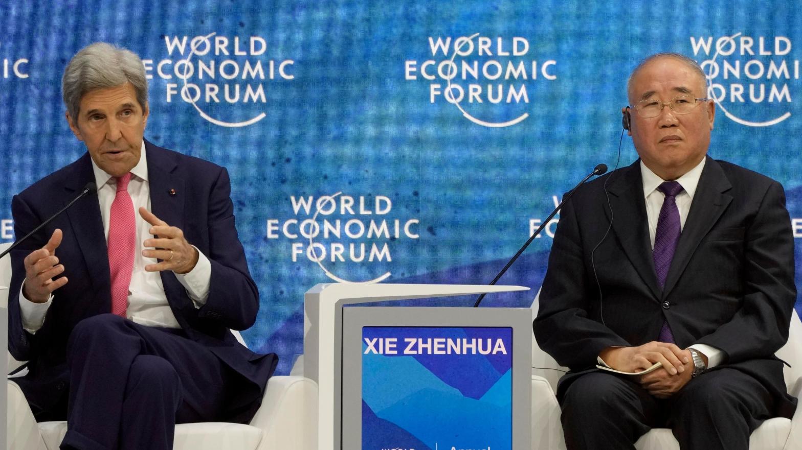 John F. Kerry, Special Presidential Envoy for Climate of the United States and Xie Zhenhua, Special Envoy for Climate Change of the People's Republic of China, together during the World Economic Forum in Davos, Switzerland in May.  (Photo: Markus Schreiber, AP)