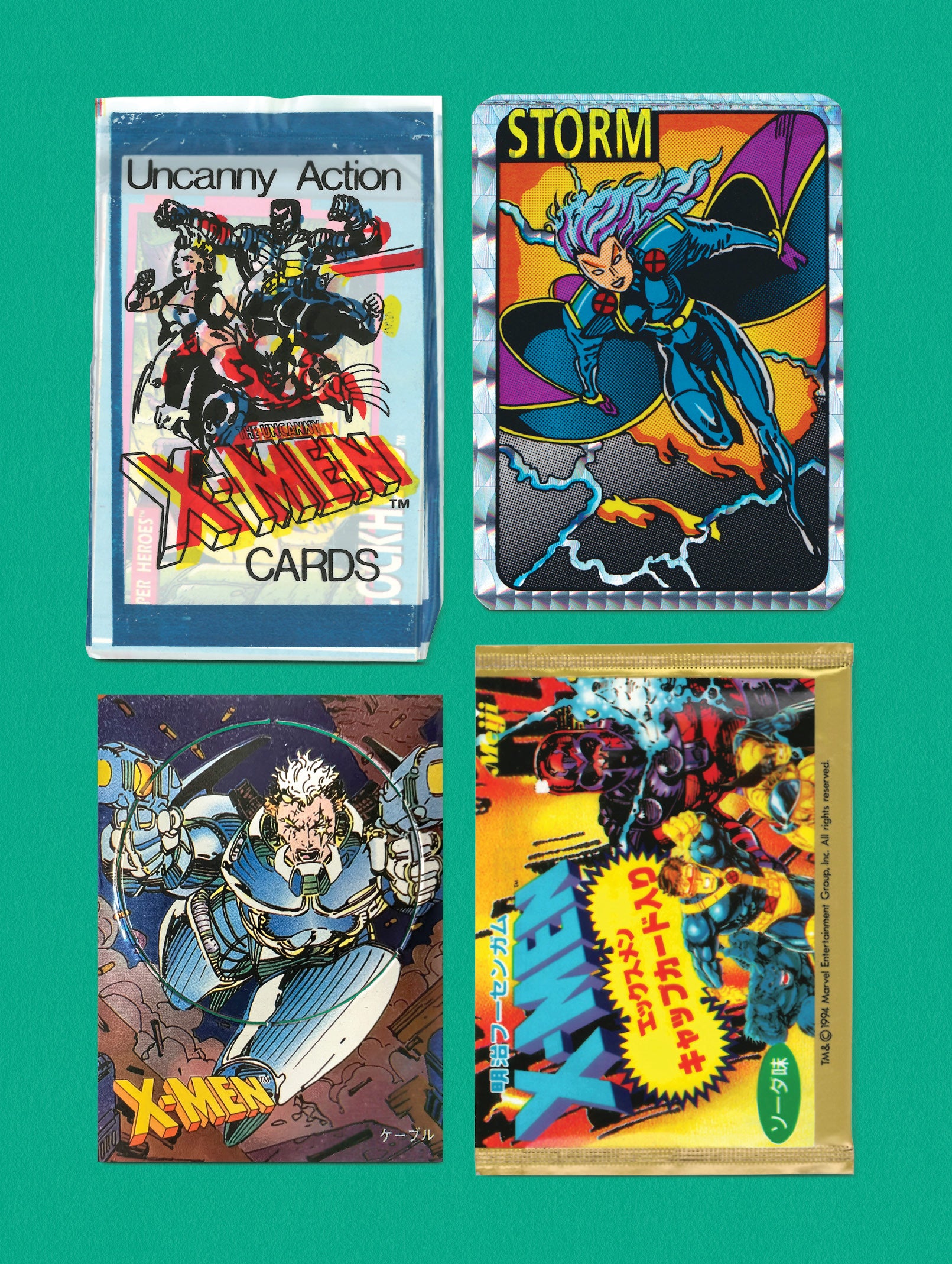 Wax pack from bootleg set produced in the Philippines. Top right: Unauthorised Prism vending-machine sticker. Bottom: Sample card/pog (left) and pack (right) from licensed set produced in Japan by Meiji. (Image: © 2022 MARVEL)