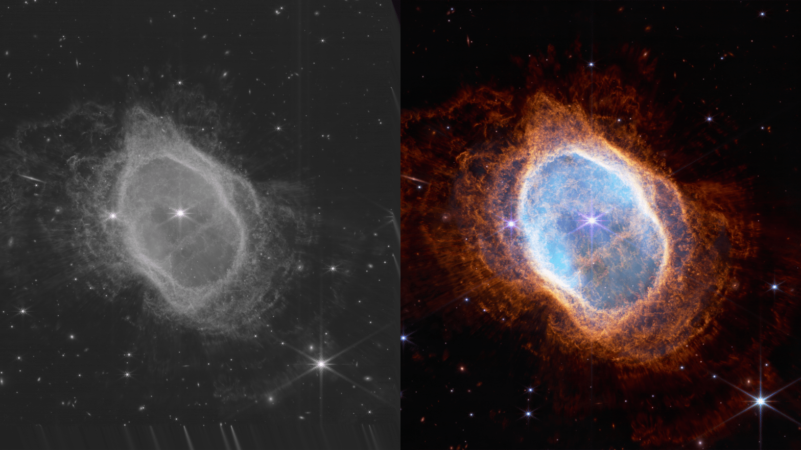 On the left is a monochromatic image showing infrared data from Webb of the Southern Ring Nebula. On the right is a processed image showing the same view in full colour. (Image: Gizmodo/NASA, ESA, CSA, and STScI)