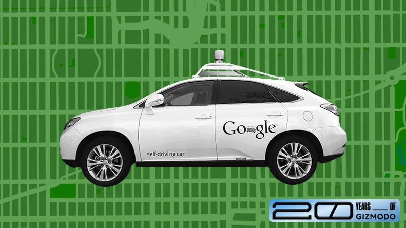 Image of driverless car by Google against a city grid background. (Image: Gizmodo/Getty/Shutterstock)
