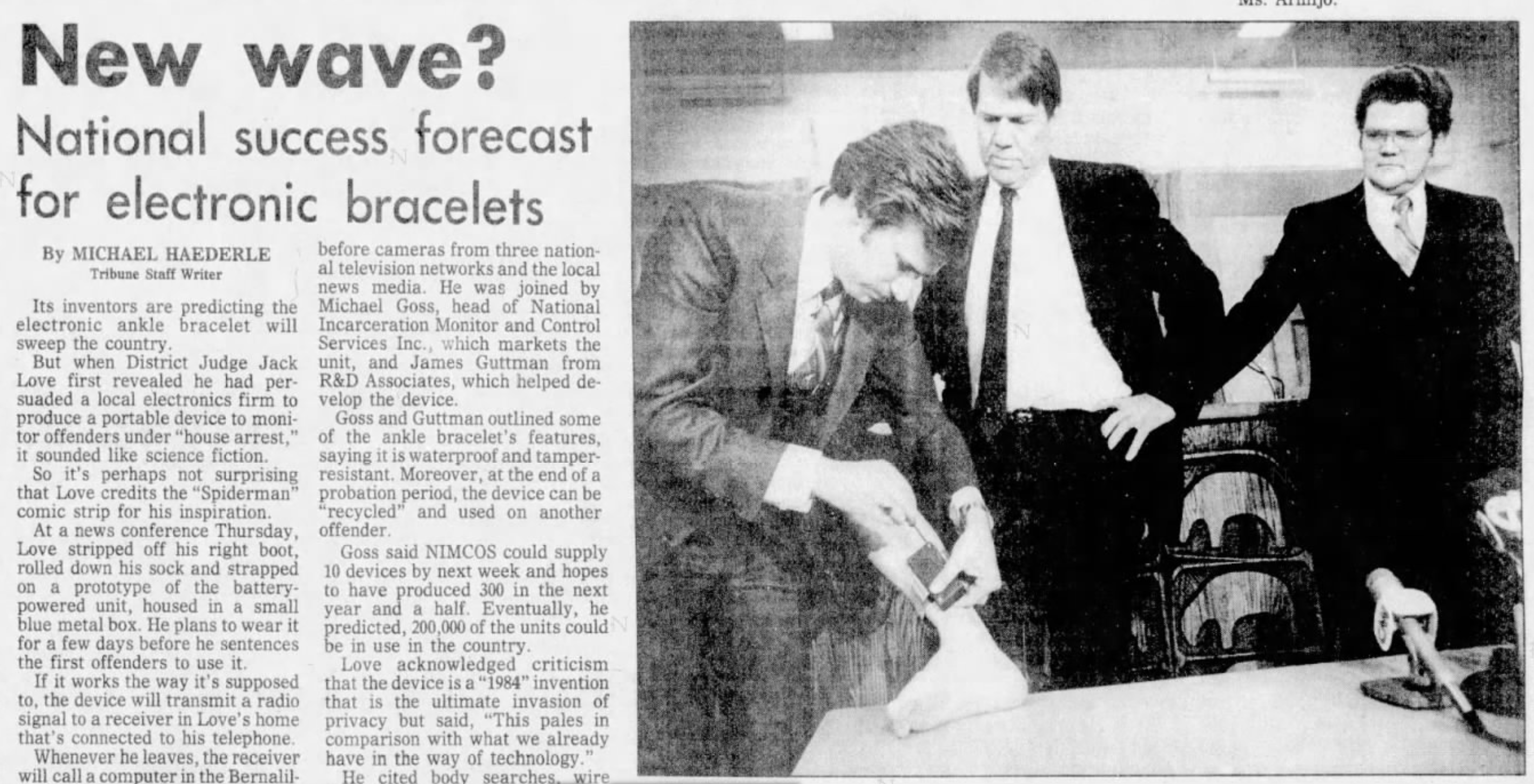 An article about the new electronic bracelets which ran in the March 18, 1983 edition of the Albuquerque Tribune in New Mexico. Judge Jack Love is in the middle with Michael Goss on the right. James Guttmann, who helped Goss build the device, is on the left. (Screenshot: Newspapers.com, Fair Use)