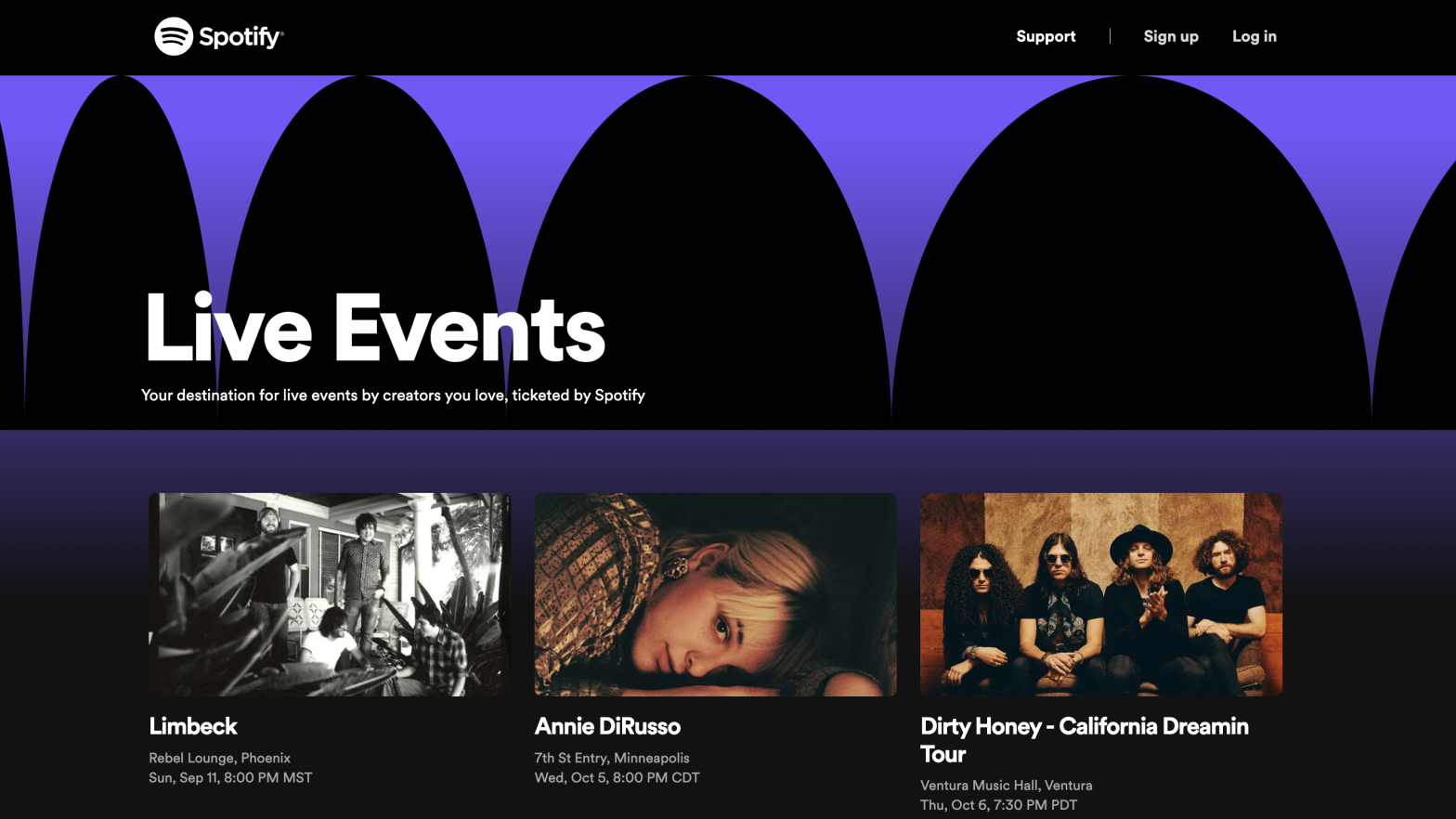 Spotify Ticket's interface currently lists seven upcoming shows from various artists.  (Screenshot: Gizmodo)