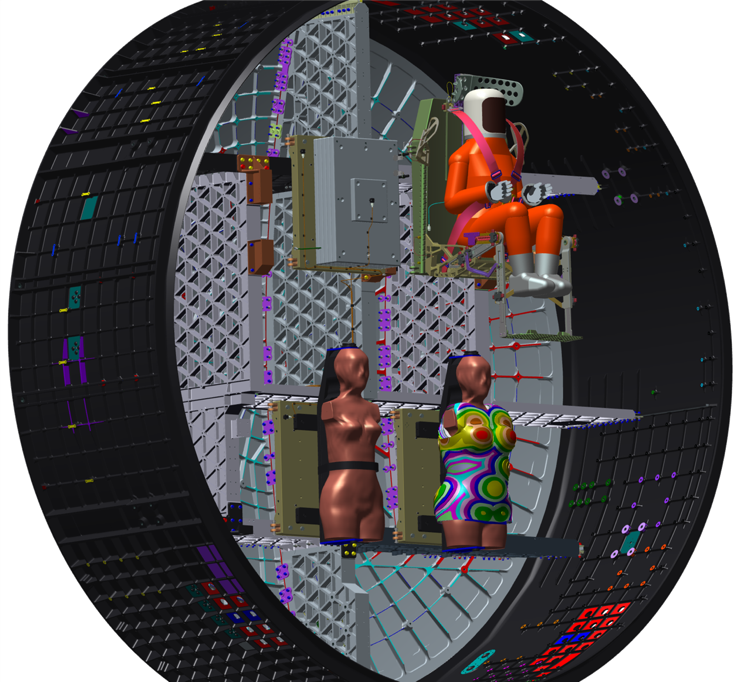 Diagram showing the seating configuration for the three manikins, with Campos up top, Helga at bottom left, and Zohar, wearing the radiation vest, at right.  (Graphic: ESA/Lockheed Martin)