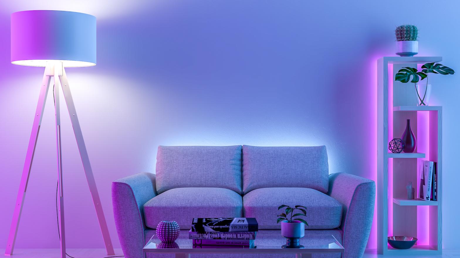 Interior wall with colored led smart lights. 3D render