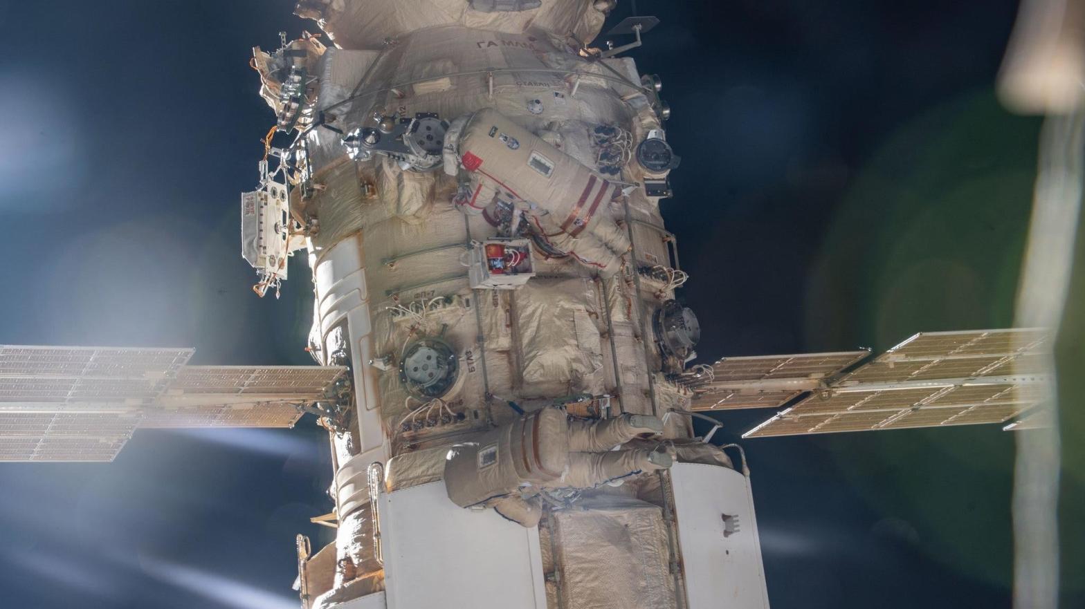 Cosmonauts Oleg Artemyev and Denis Matveev outside the ISS on April 28, 2022 to activate the European robotic arm.  (Photo: NASA)