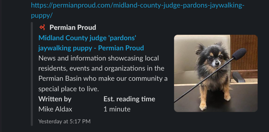 The social preview card for the puppy article displaying Aldax's name.  (Screenshot: Gizmodo)