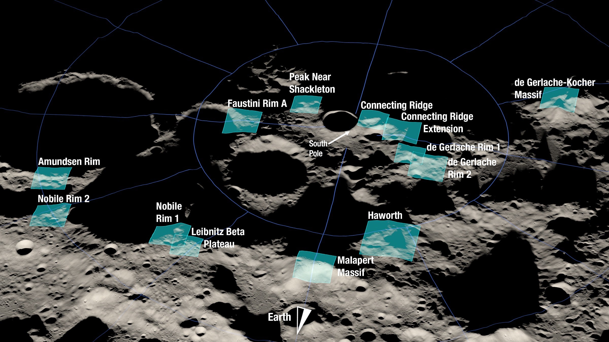 A rendering of the 13 candidate landing regions for Artemis 3 near the Moon's south pole. (Illustration: NASA)