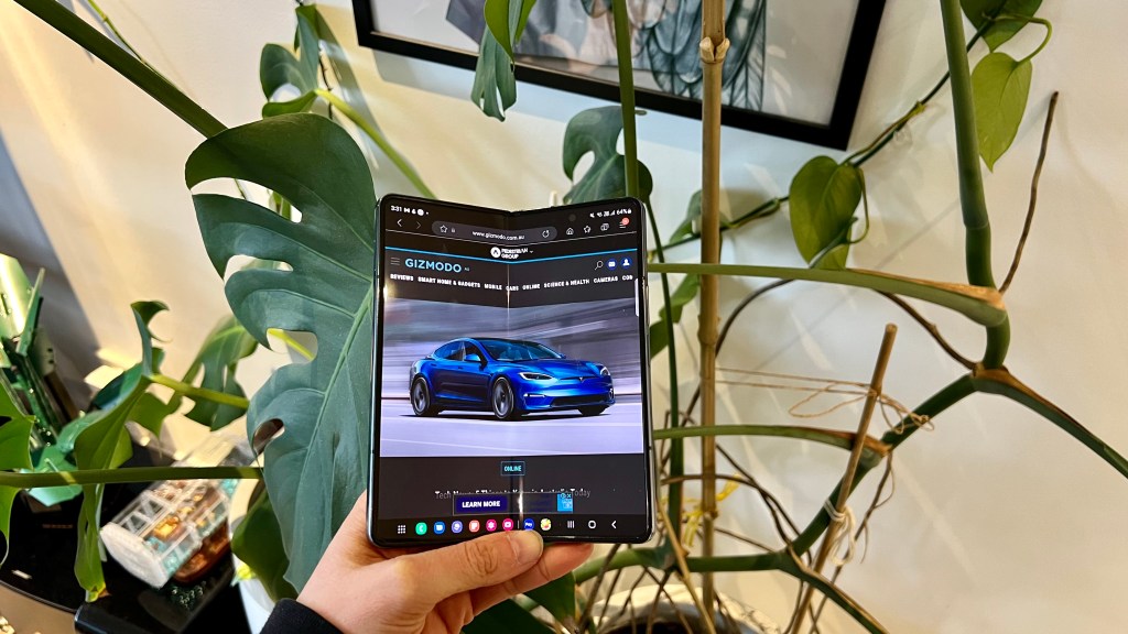 The Samsung Galaxy Z Fold4 in front of a plant (perhaps a monstera? idk)