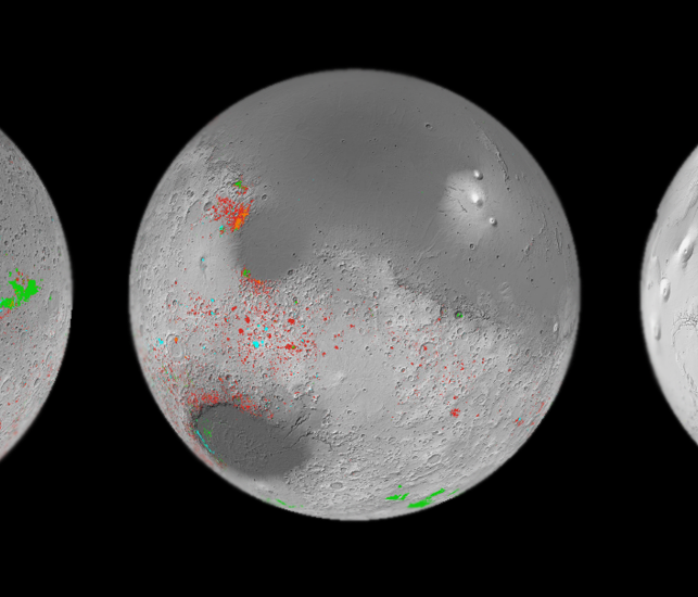 This image shows hydrated minerals at Jezero Crater (the larger red and orange area at upper left) and Gale Crater (small green circle at middle right). Both craters have been explored by robotic rovers.  (Image: ESA/Mars Express (OMEGA) and NASA/Mars Reconnaissance Orbiter (CRISM))