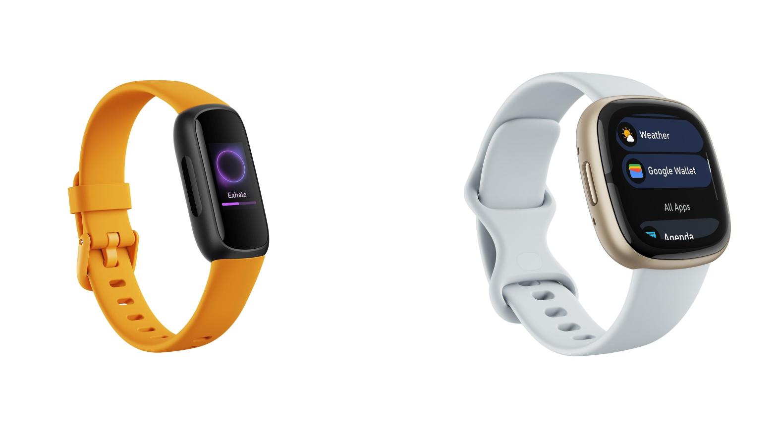 Fitbit announced details for the Fitbit Inspire 3 fitness tracker (left) and the Sense 2 smartwatch (right), alongside more details on the Versa 4. (Image: Fitbit)