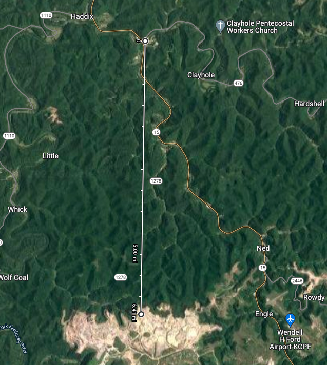 The community of Lost Creek sits less than 11 km away from the edge of the Pine Branch surface mining complex.  (Screenshot: Gizmodo)