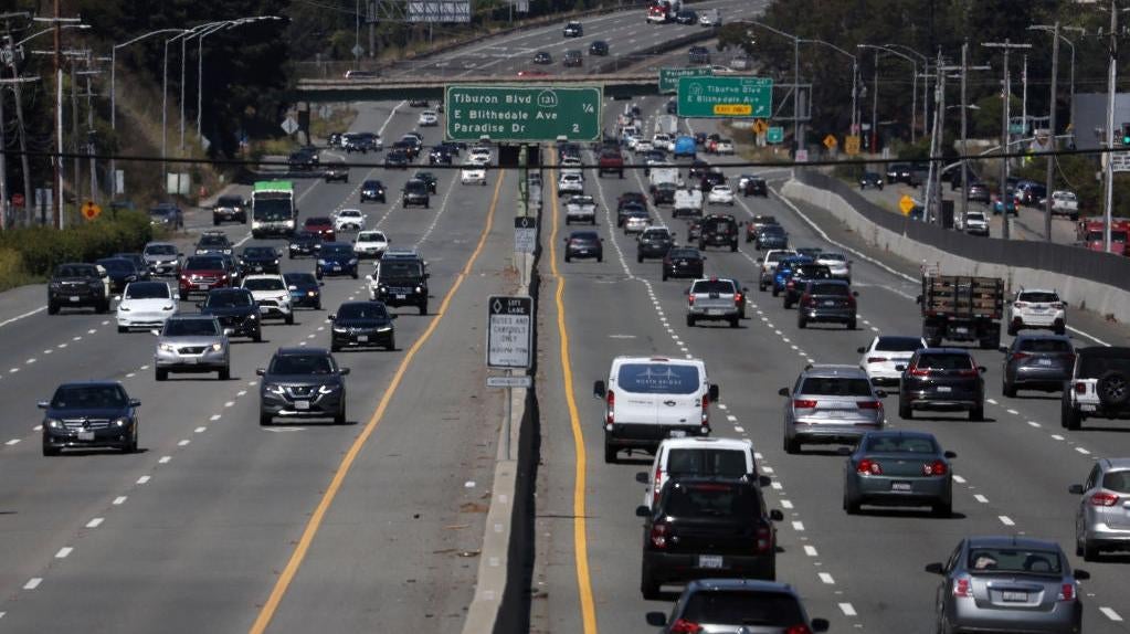 Traffic moves along Highway 101 on August 24, 2022 in Mill Valley, California. California is set to implement a plan to prohibit the sale of new gasoline-powered cars in the state by 2035 in an effort to fight climate change by transitioning to electric vehicles. (Photo: Justin Sullivan, Getty Images)