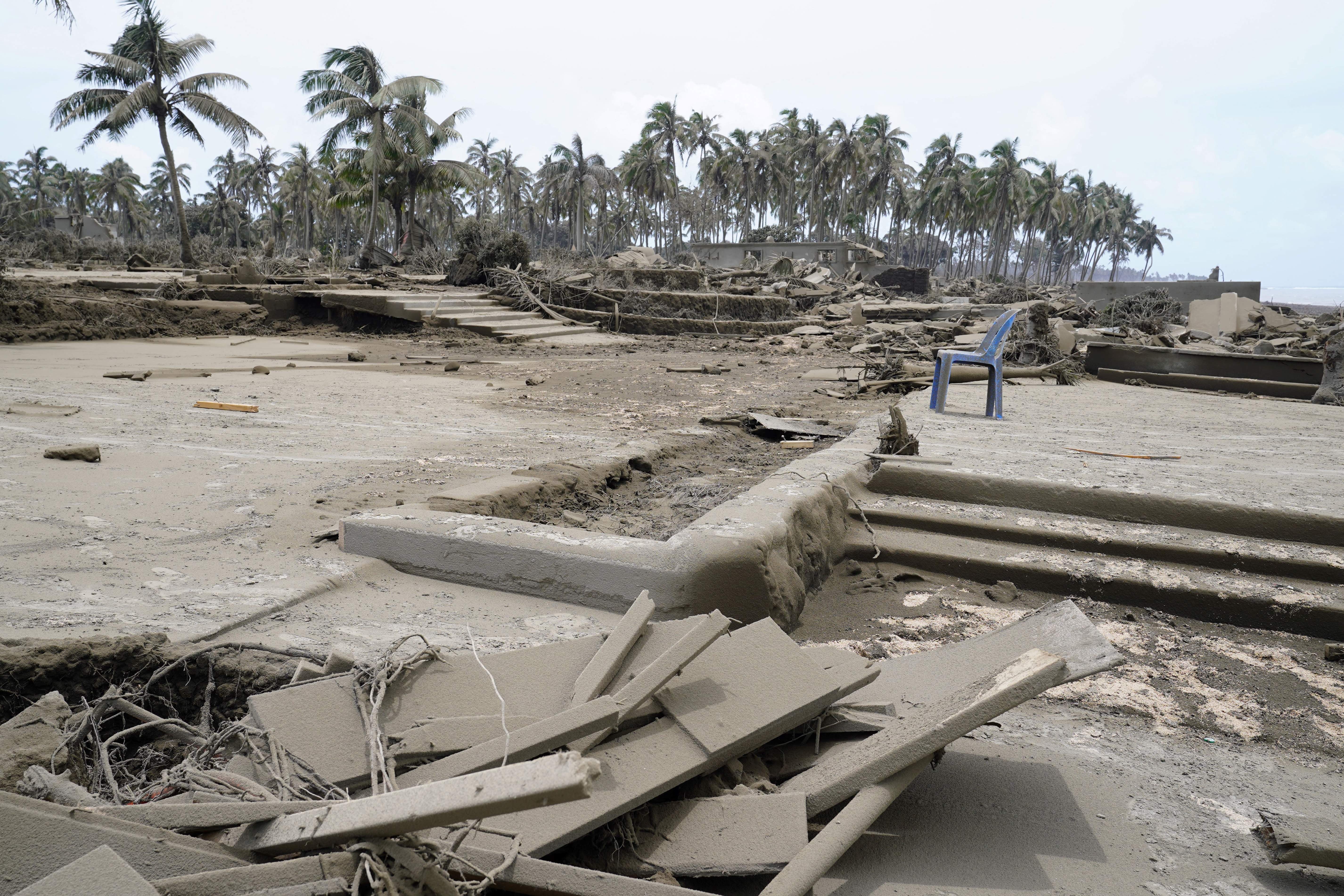 This photo taken on January 16, 2022 shows destroyed beach resorts in the Hihifo district of Tonga's main island Tongatapu following the January 15 eruption of the nearby Hunga Tonga-Hunga Ha'apai underwater volcano. (Photo: MARY LYN FONUA/Matangi Tonga/AFP, Getty Images)