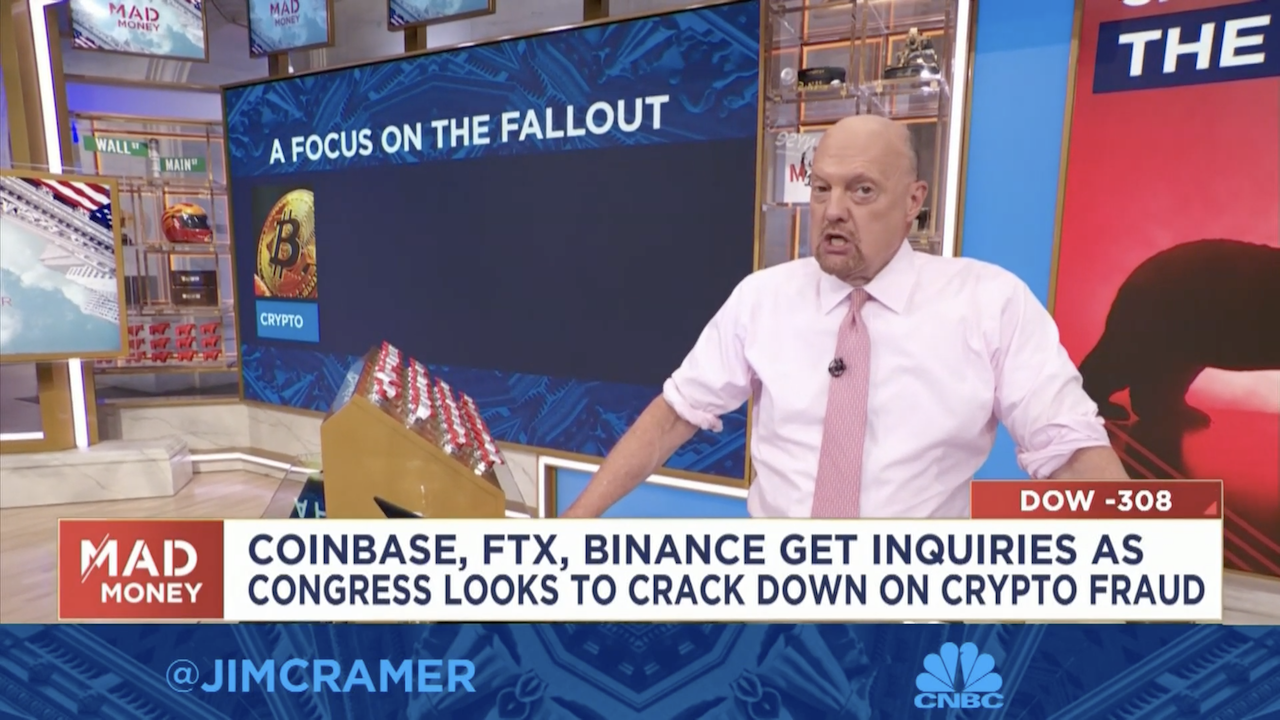 The look Jim Cramer gave to camera on Tuesday just after delivering a line he clearly thought was profound. (Screenshot: CNBC / YouTube)
