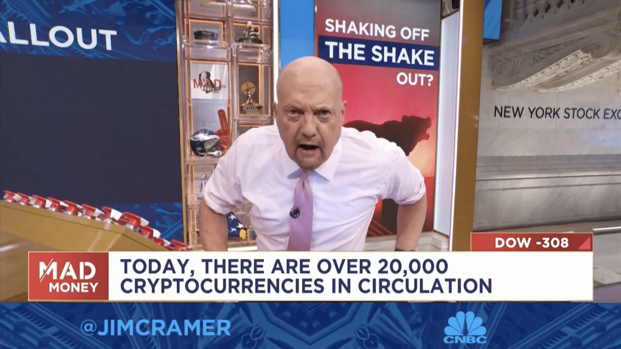 Jim Cramer speaking to camera on Tuesday while performing his manic stockbroker routine, a bit that felt forced and awkward even a decade ago. (Screenshot: CNBC / YouTube)