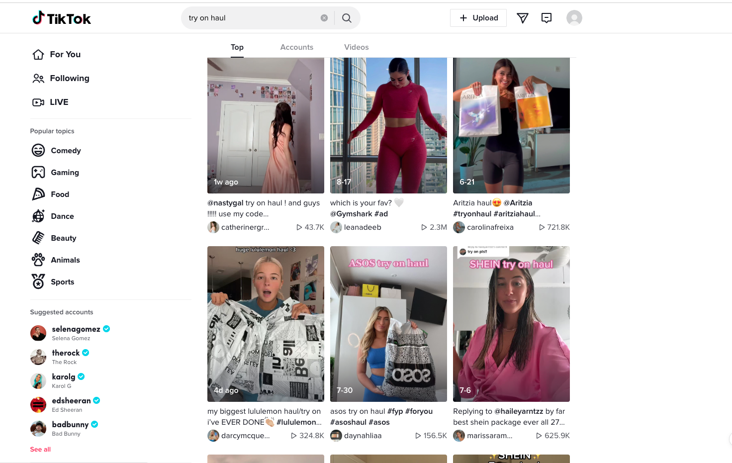 SHEIN, H&M, Aritzia, ASOS, Amazon, and others are common companies highlighted in try-on haul videos.  (Screenshot: Gizmodo)
