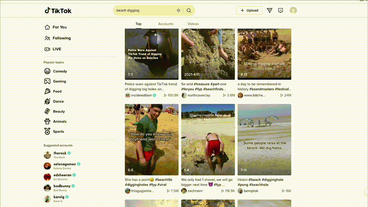 Some TikToks of teens digging massive sand pits at the beach have millions of views, and there are a lot of these videos on the platform from multiple users. (Gif: Gizmodo)