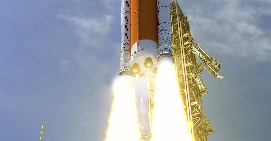 Artist's depiction of SLS during launch, with four RS-25 engines, along with a pair of solid rocket boosters, providing 8.8 million pounds of thrust.  (Image: NASA/MSFC)