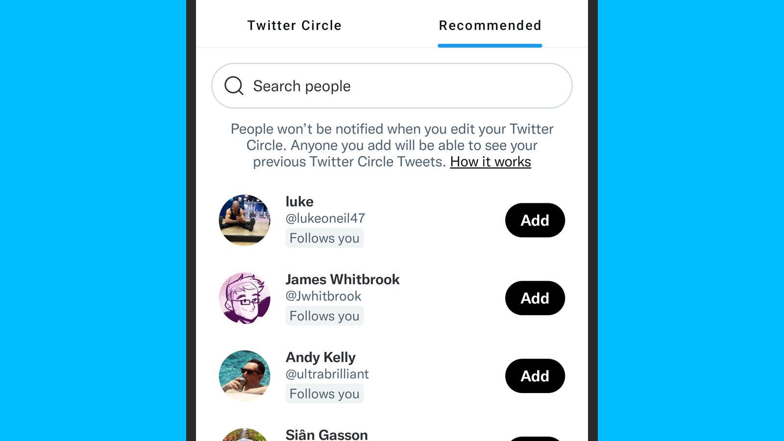 Twitter recommends some people you might want to let into the inner circle. (Screenshot: Twitter)