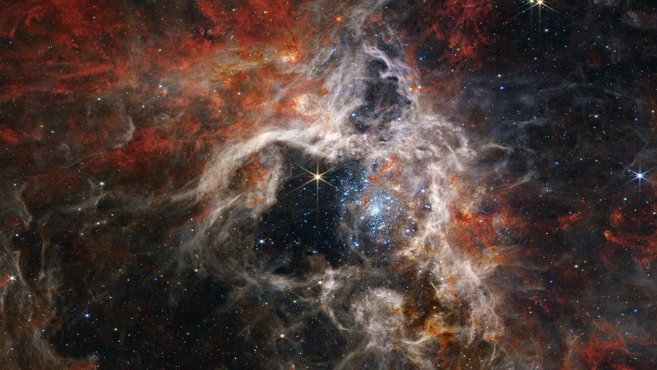 The Tarantula Nebula gets its name from its appearance, which is similar to that of a burrowing tarantula's hole covered in spider silk.  (Image: NASA, ESA, CSA, and STScI)