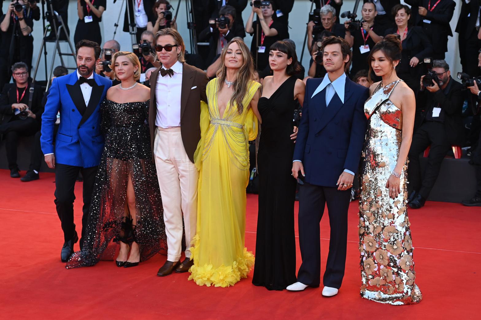 Nick Kroll, Florence Pugh, Chris Pine, Olivia Wilde, Sydney Chandler, Harry Styles and Gemma Chan star in the film, which premiered at the 79th Venice International Film Festival on September 5. (Image: Kate Green, Getty Images)