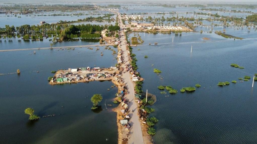 This aerial photograph shows makeshift tents for people displaced due to the floods after heavy monsoon rains at Sohbatpur in Jaffarabad district of Balochistan province on September 4, 2022 (Photo: Fida HUSSAIN / AFP, Getty Images)