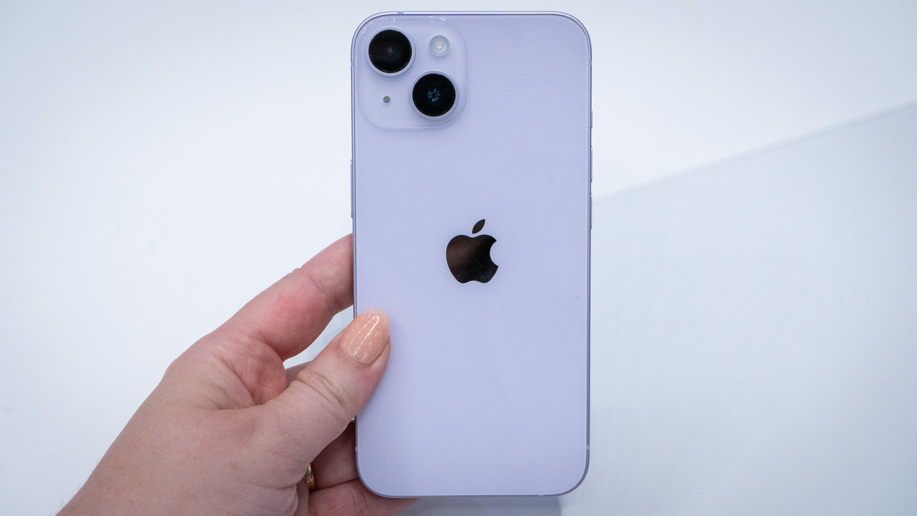 The regular iPhone 14 in purple.  (Photo: Florence Ion / Gizmodo)