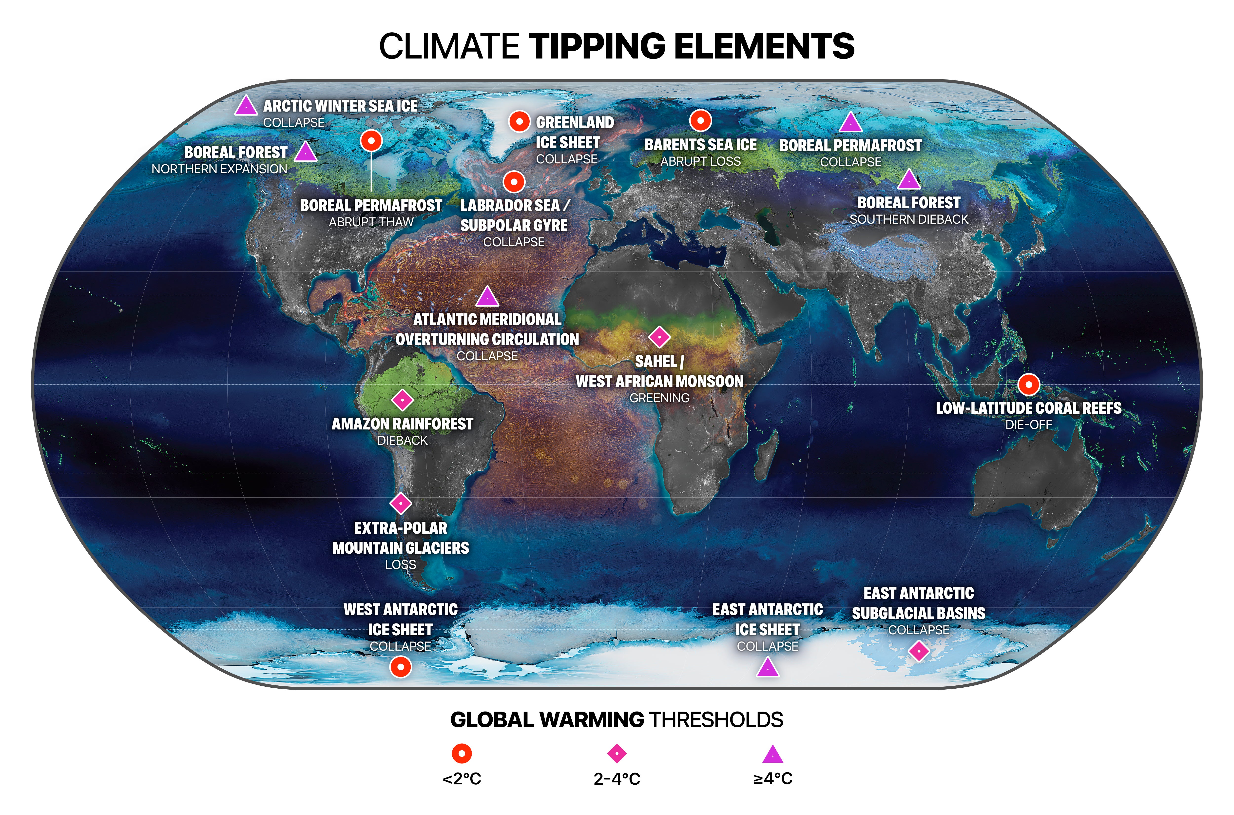 The location of different climate tipping points around the world.  (Image: DESIGNED BY GLOBAIA FOR THE EARTH COMMISSION, PIK, SRC AND EXETER UNIVERSITY)