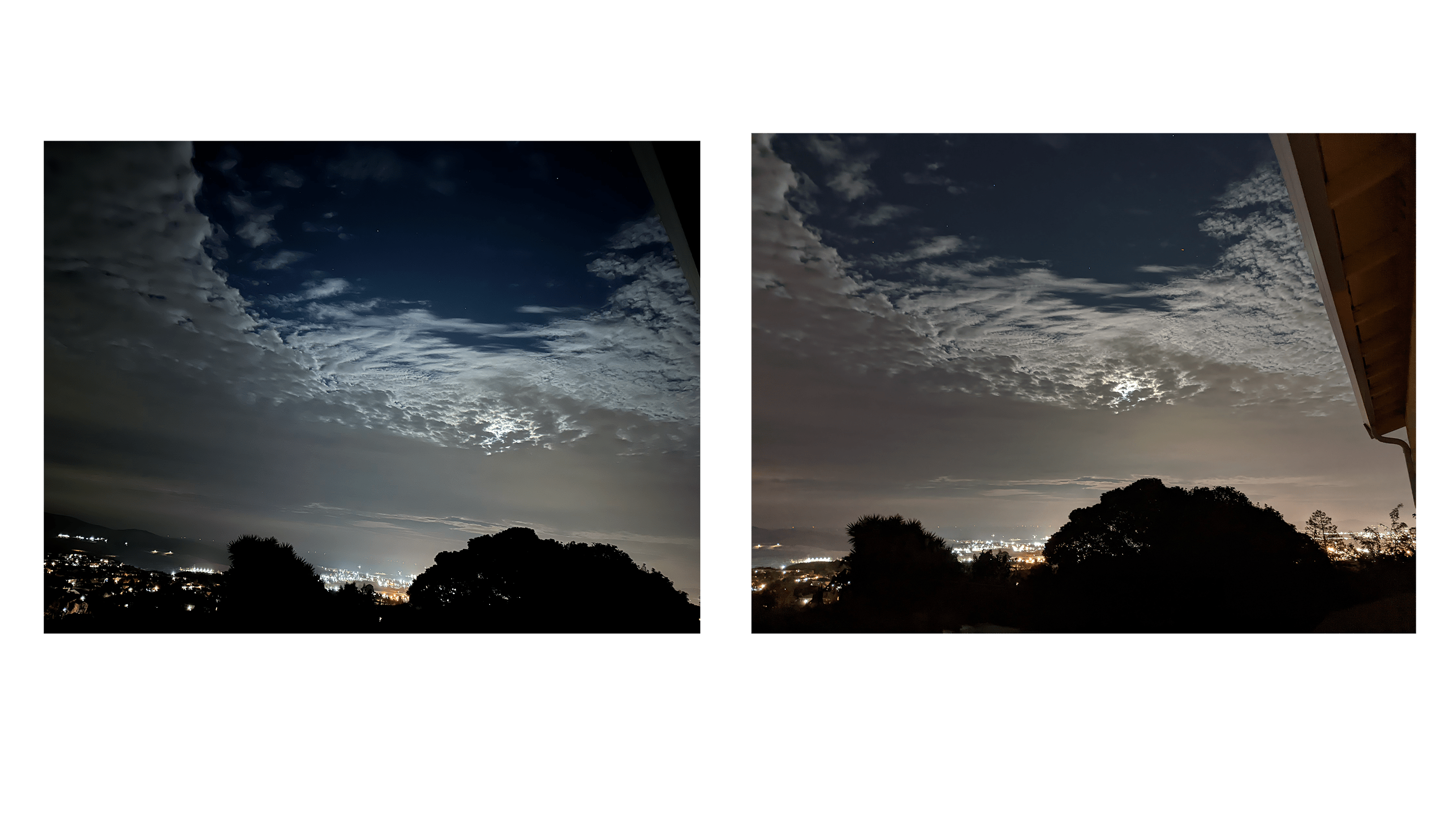 Night shot comparisons between the iPhone 14 Pro Max (left) and the Pixel 6 Pro (right).  (Photo: Florence Ion / Gizmodo)