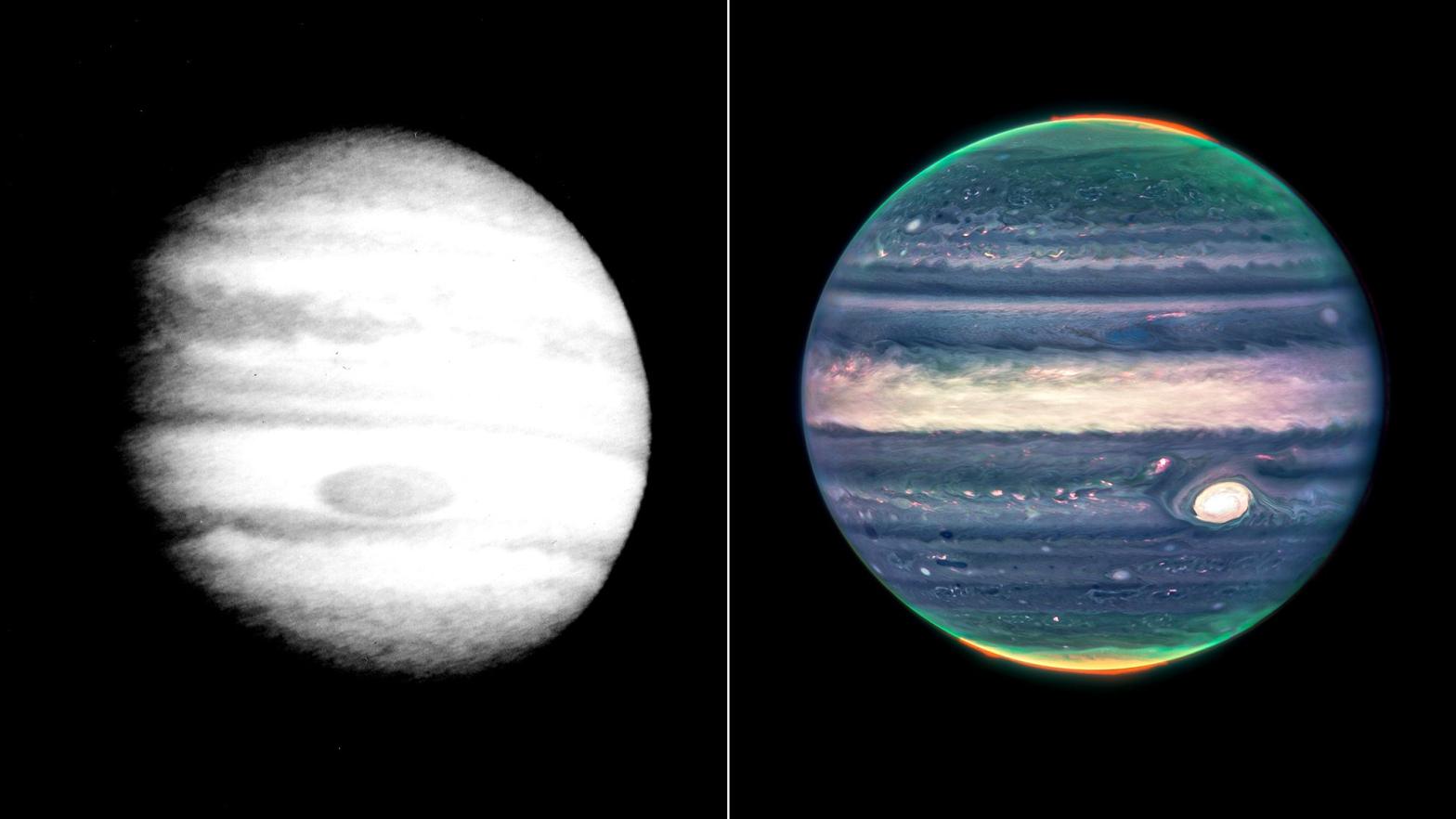 Left: Pioneer 10's view of Jupiter in March 1973. Right: Webb Telescope's view of Jupiter in July 2022.  (Image: NASA, ESA, CSA, Jupiter ERS Team; image processing by Judy Schmidt)