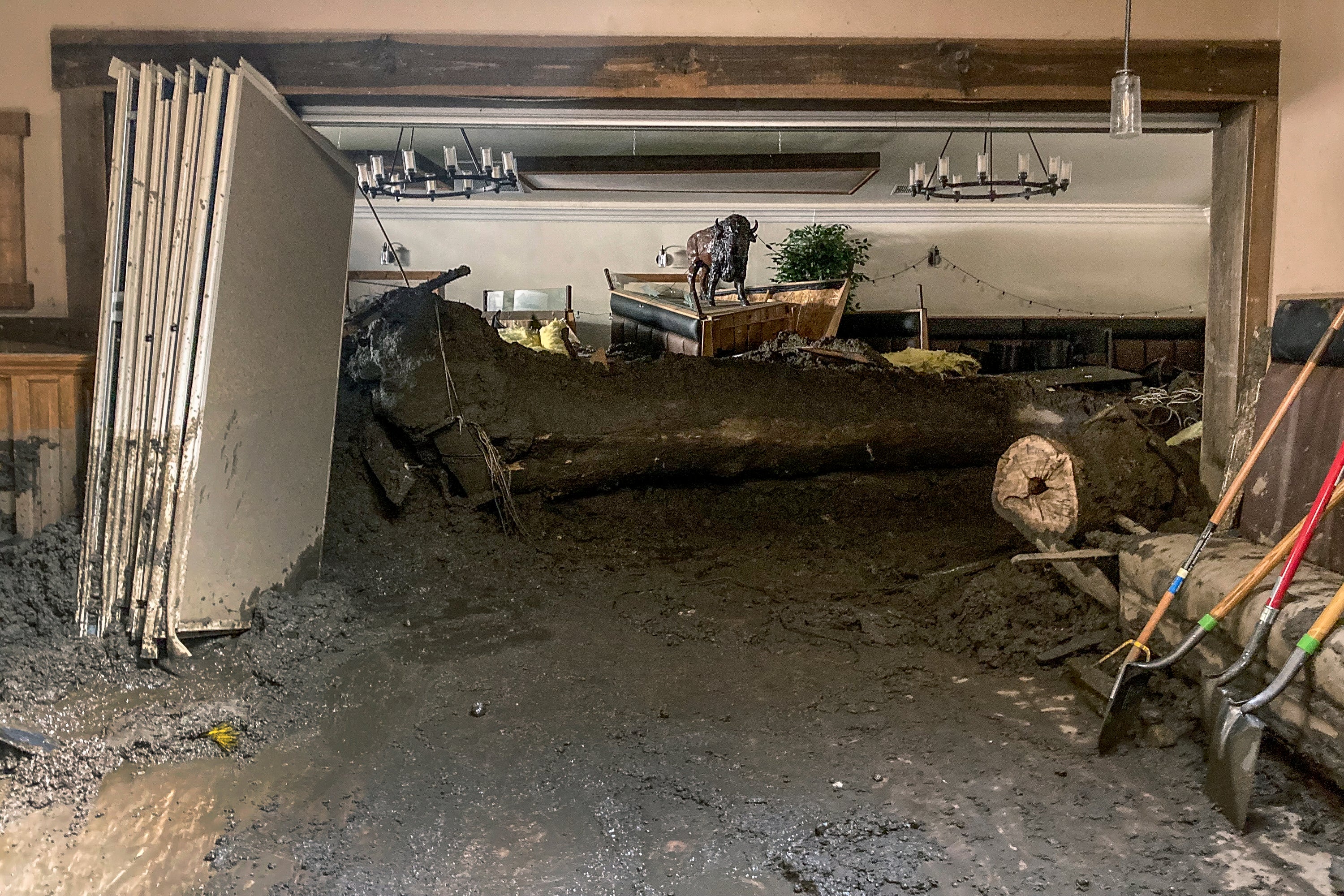 Extensive damage from a slow-moving black river of sludge is seen inside the Oak Glen Steakhouse and Saloon on Sept. 14, 2022, in Oak Glen, California. (Photo: Amy Taxin, AP)