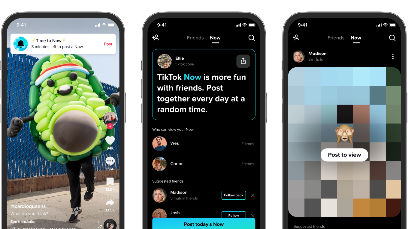 TikTok Now sends users push notifications to record a picture or quick video of whatever they're doing at the moment. It's extremely similar to the existing app BeReal. (Image: TikTok)