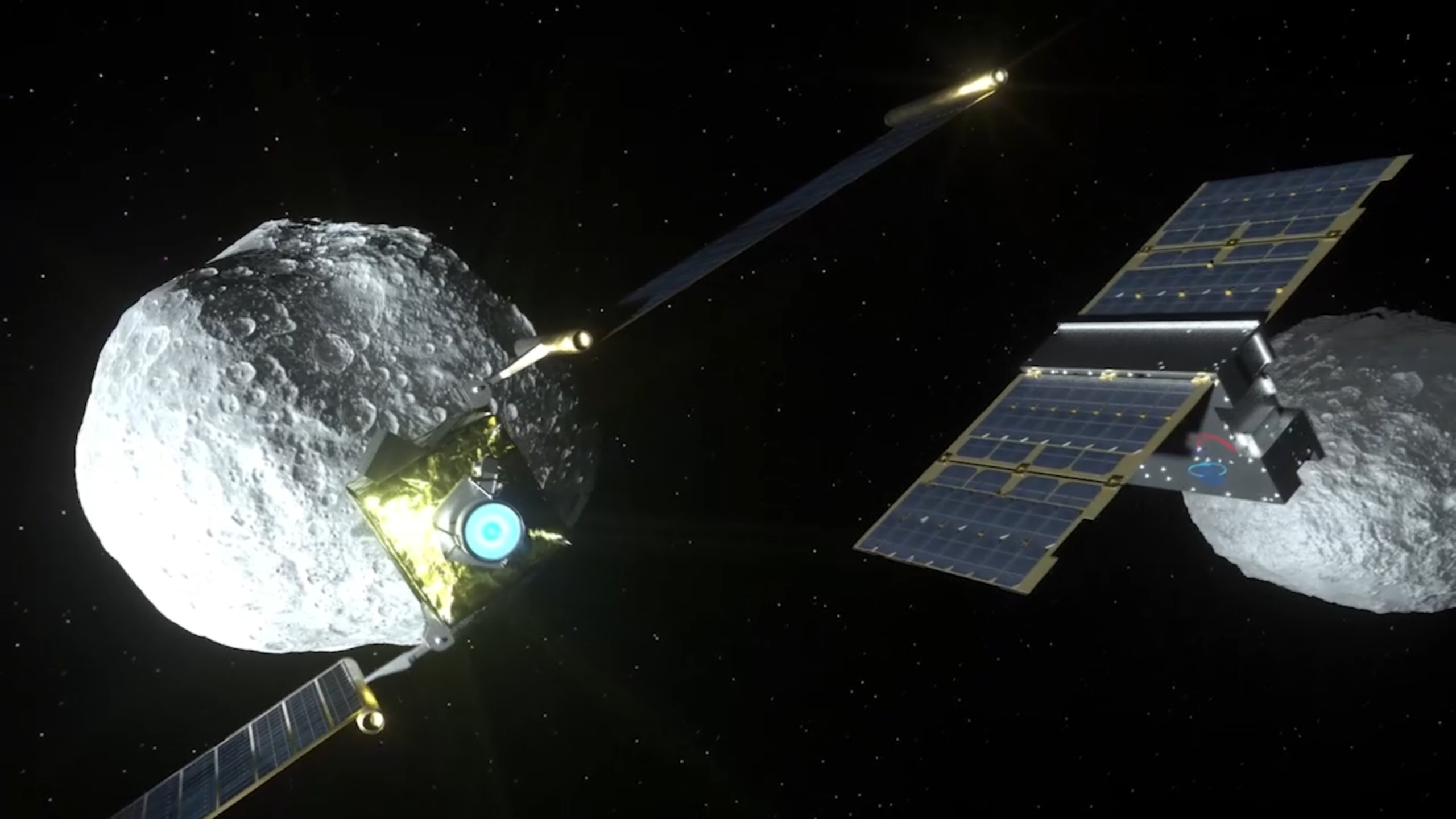 Artist's conception of DART (left) with the detached LICIACube looking on.  (Image: Italian Space Agency)