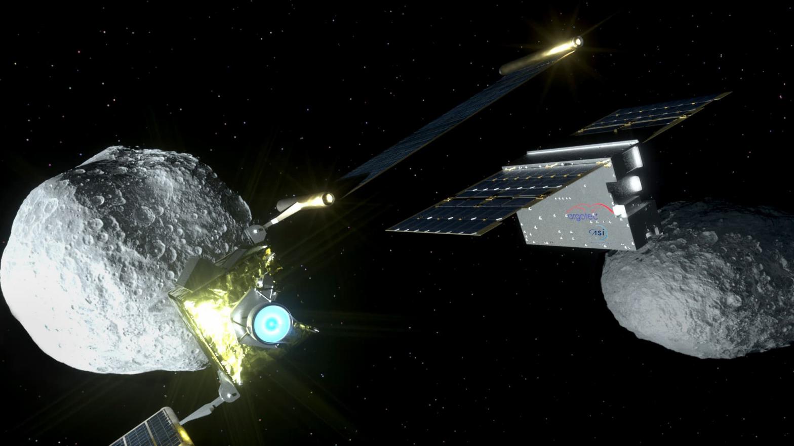 Depiction of DART (left) and LICIACube (right).  (Image: Italian Space Agency)