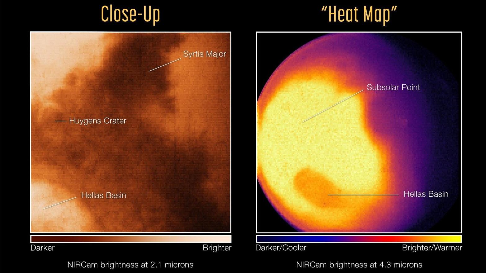 The Webb Space Telescope caught Mars in two different wavelengths using the Near-Infrared Camera. (Graphic: NASA, ESA, CSA, STScI, Mars JWST/GTO team)