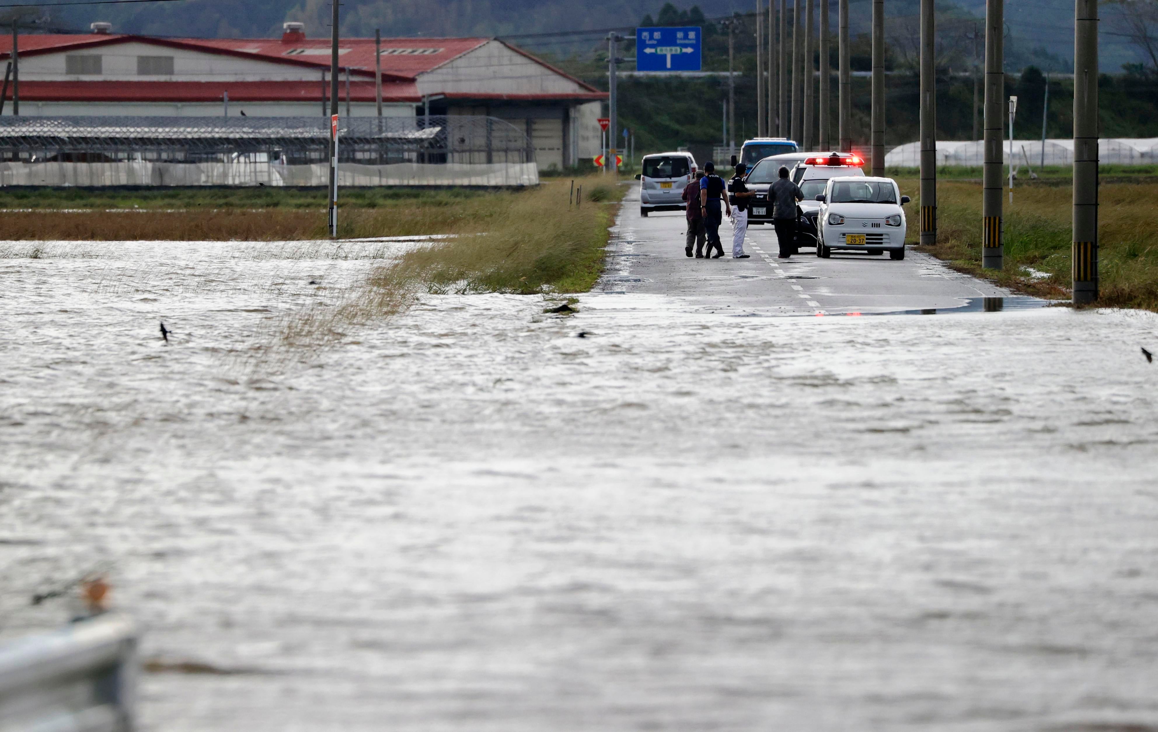 A flooded road in Saito in Miyazaki Prefecture on September 19. (Photo: KYDPL KYODO, AP)