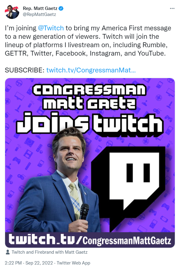 One Day After Report of Child Predators on Twitch, Matt Gaetz Joins Twitch