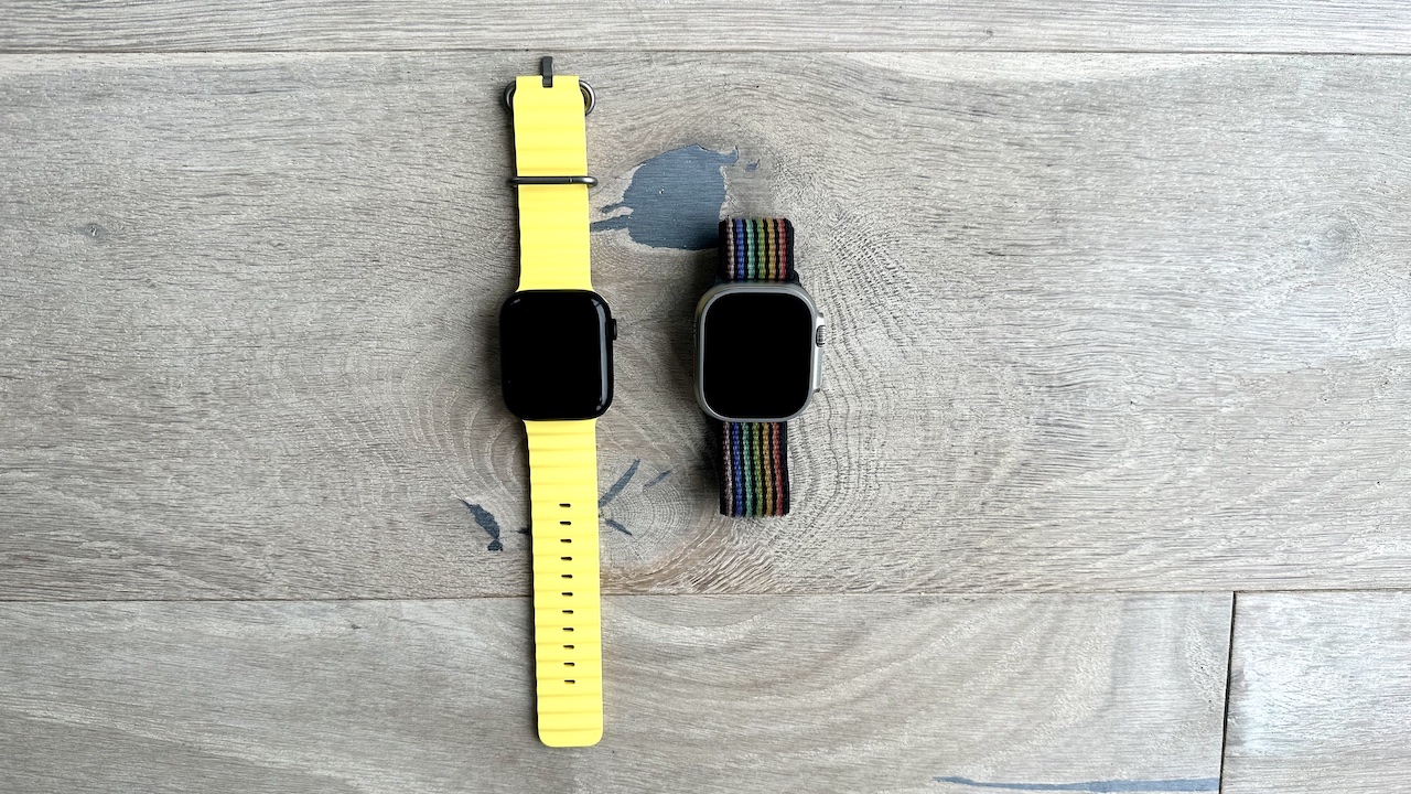 The yellow Ocean band on the Apple Watch Series 8 and the regular sports loop on the Apple Watch Ultra
