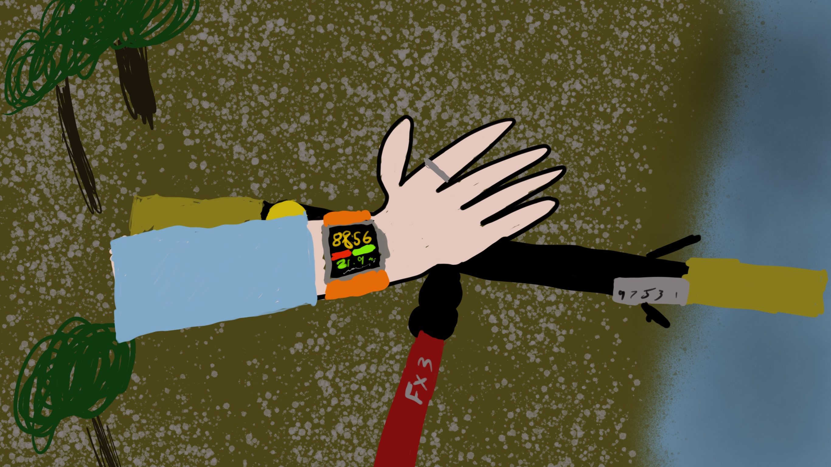 A poorly drawn arm with a large Apple Watch near a bike and water and the worst illustrated trees you've ever seen