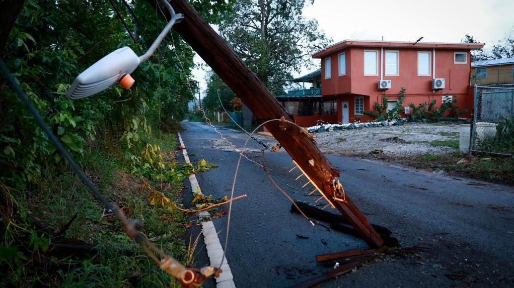 View of a downed electricity pole on September 20, 2022 in Cabo Rojo, Puerto Rico.  (Photo: Jose Jimenez, Getty Images)
