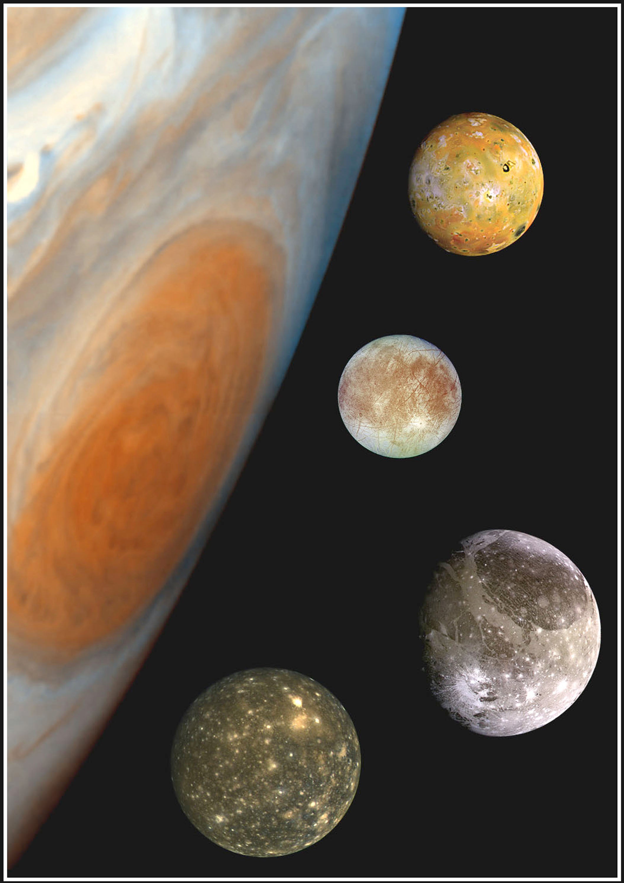 Jupiter and its Galilean satellites (top to bottom): Io, Europa, Ganymede, and Callisto. (Image: NASA/Newsmakers, Getty Images)