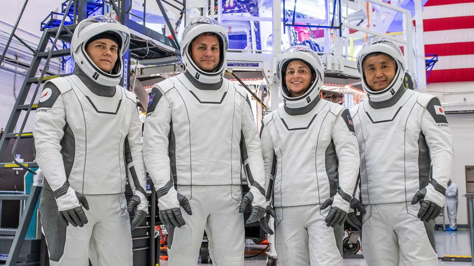 The four members of the Crew-5 mission in their Crew Dragon flight suits at SpaceX headquarters in Hawthorne, California.  (Photo: NASA)