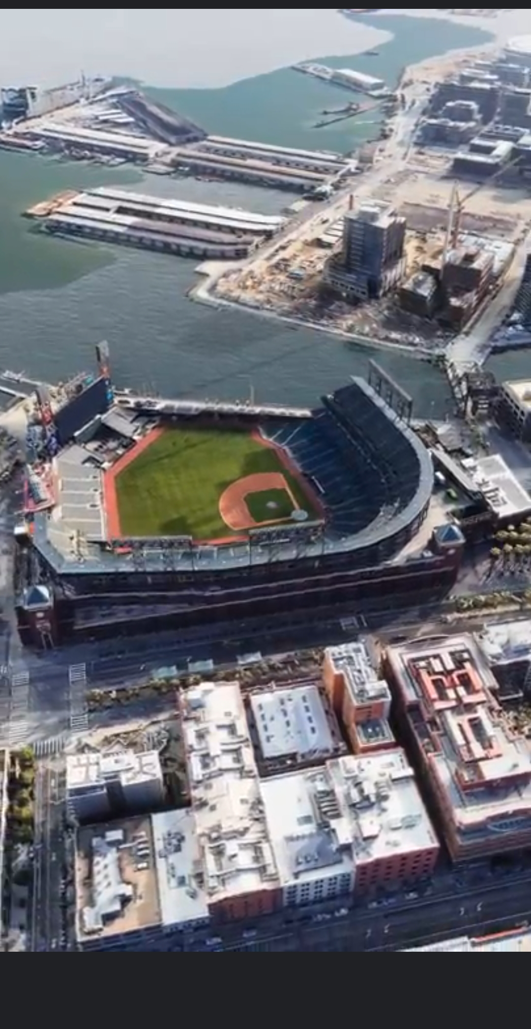 The photorealistic aerial view of Oracle Park in San Francisco.  (Screenshot: Florence Ion / Gizmodo)