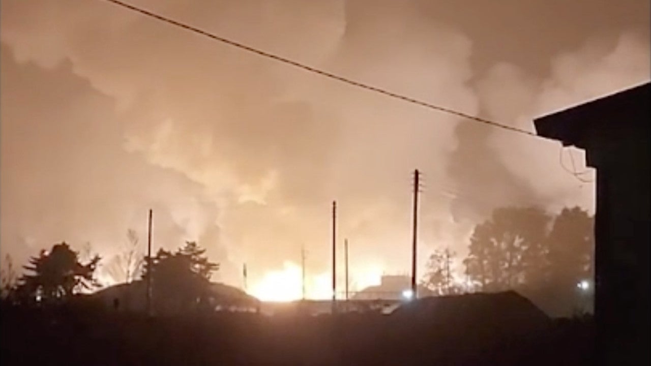Screenshot from a Facebook video taken by a civilian in the city of Gangneung, South Korea showing a fire after a failed missile test by the South Korean military. (Screenshot: Facebook)