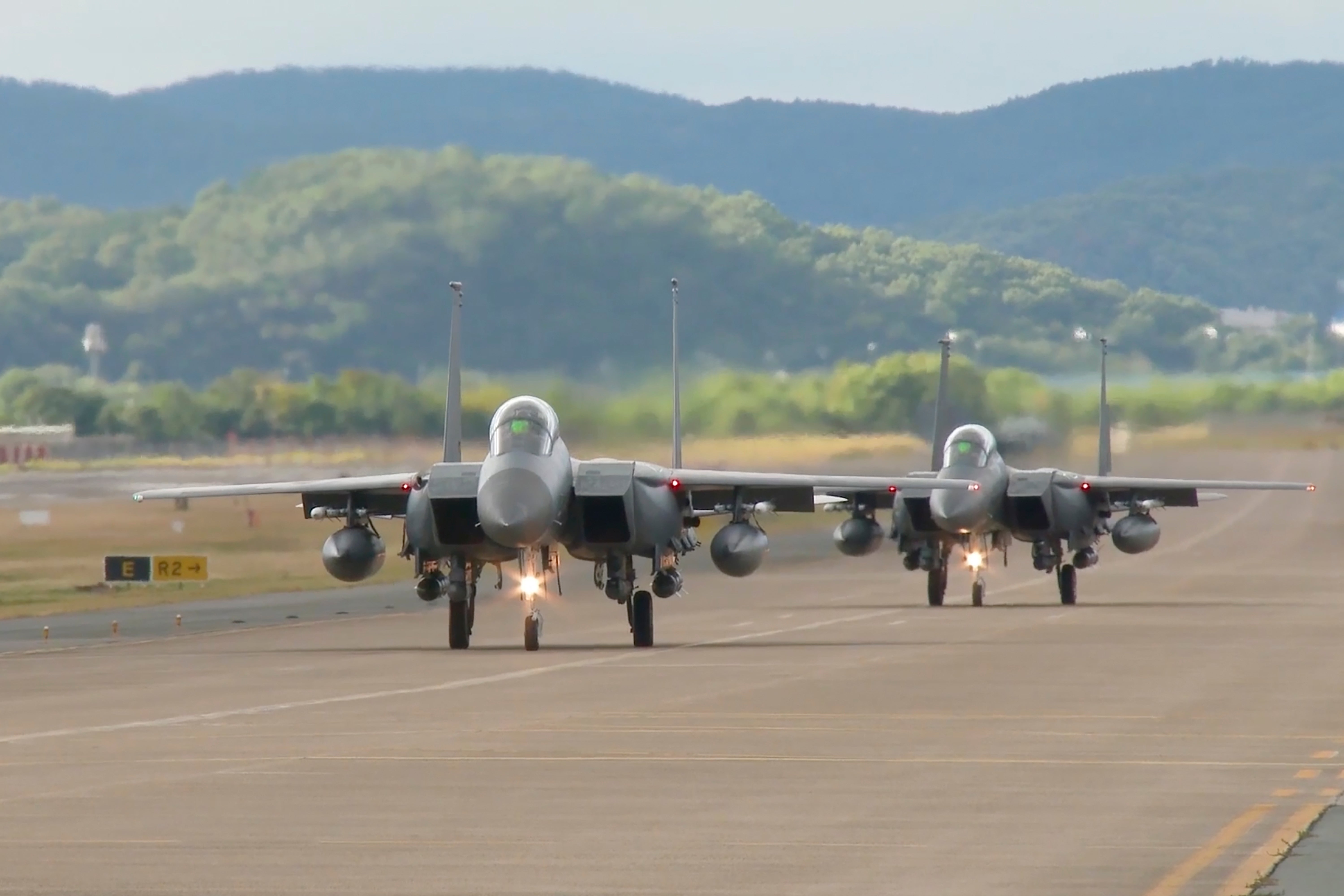 In this image taken from video, South Korean Air Force's F15K fighter  jets prepare to take off Tuesday, Oct. 4, 2022, in an undisclosed  location in South Korea. (Photo: South Korean Defence Ministry, AP)