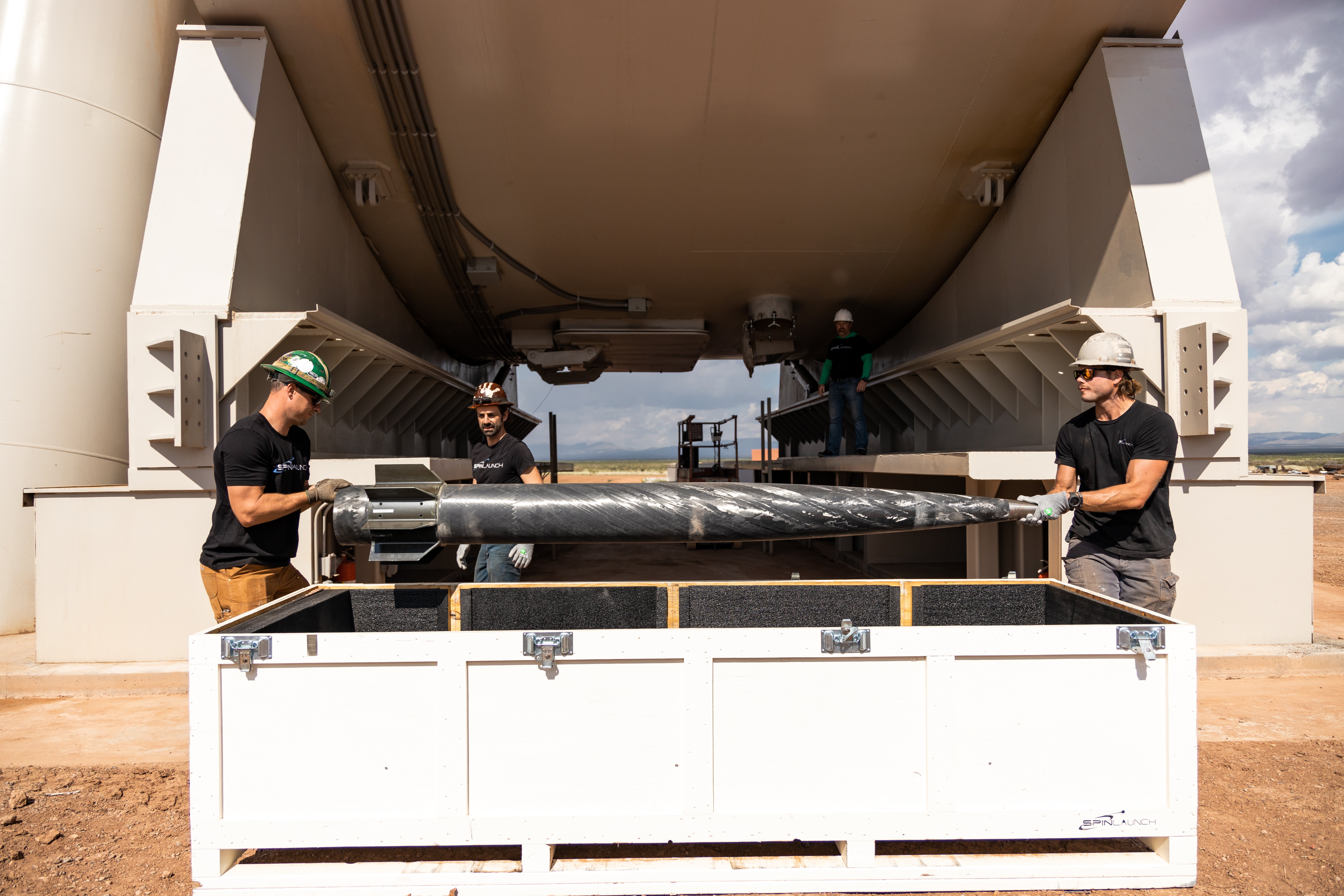 Engineers prepare the Flight Test Vehicle for launch. (Photo: SpinLaunch)