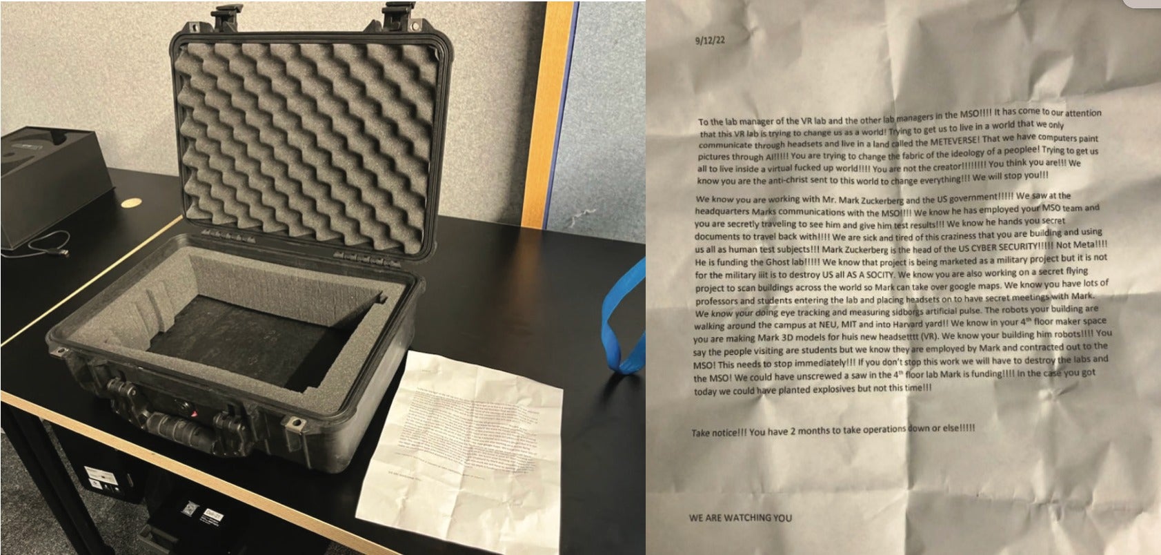 Left image shows the Pelican case the FBI said Duhaime claimed contained an explosive device. The right shows the letter Duhaime allegedly claimed had come from the unknown bomber. (Screenshot: FBI)
