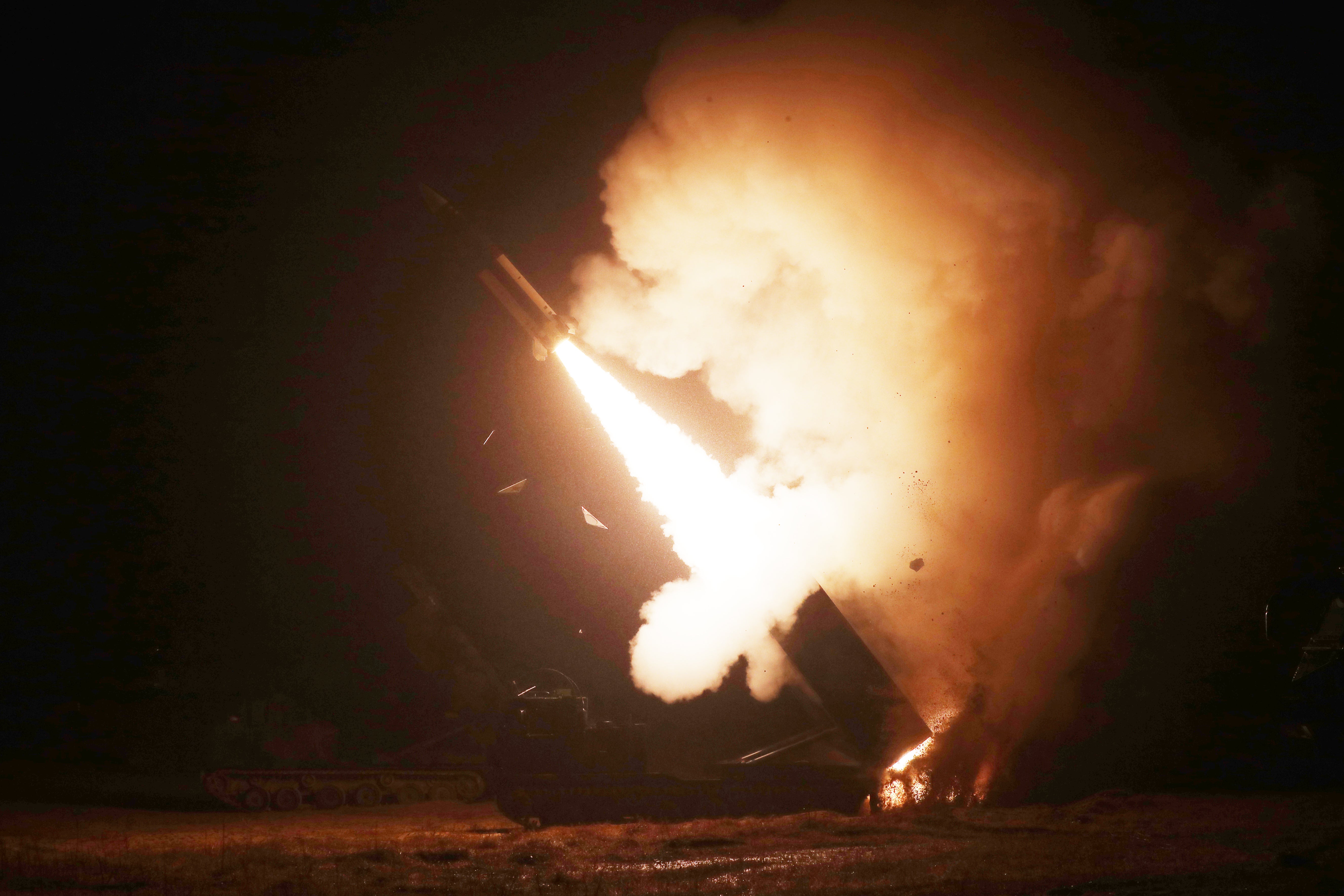 In this handout image released by the South Korean Defence Ministry, an  Army Tactical Missile System (ATACMS) is fired during a joint training  between the United States and South Korea, on October 05, 2022 at an  undisclosed location. The South Korean and U.S. militaries fired a  volley of missiles into the sea in response to North Korea firing a  ballistic missile over Japan. (Photo: South Korean Defence Ministry, Getty Images)